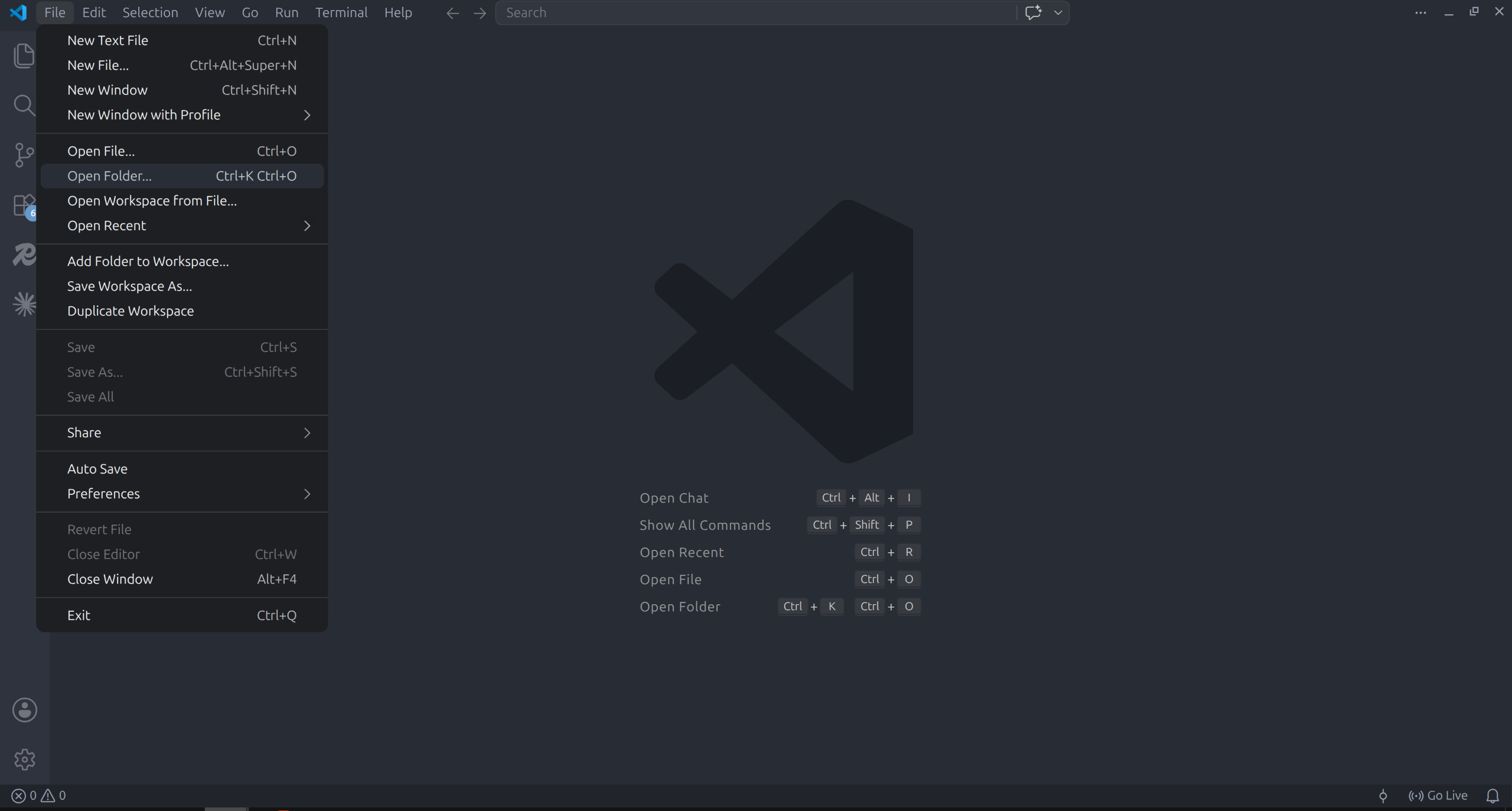 File menu with Open Folder highlighted