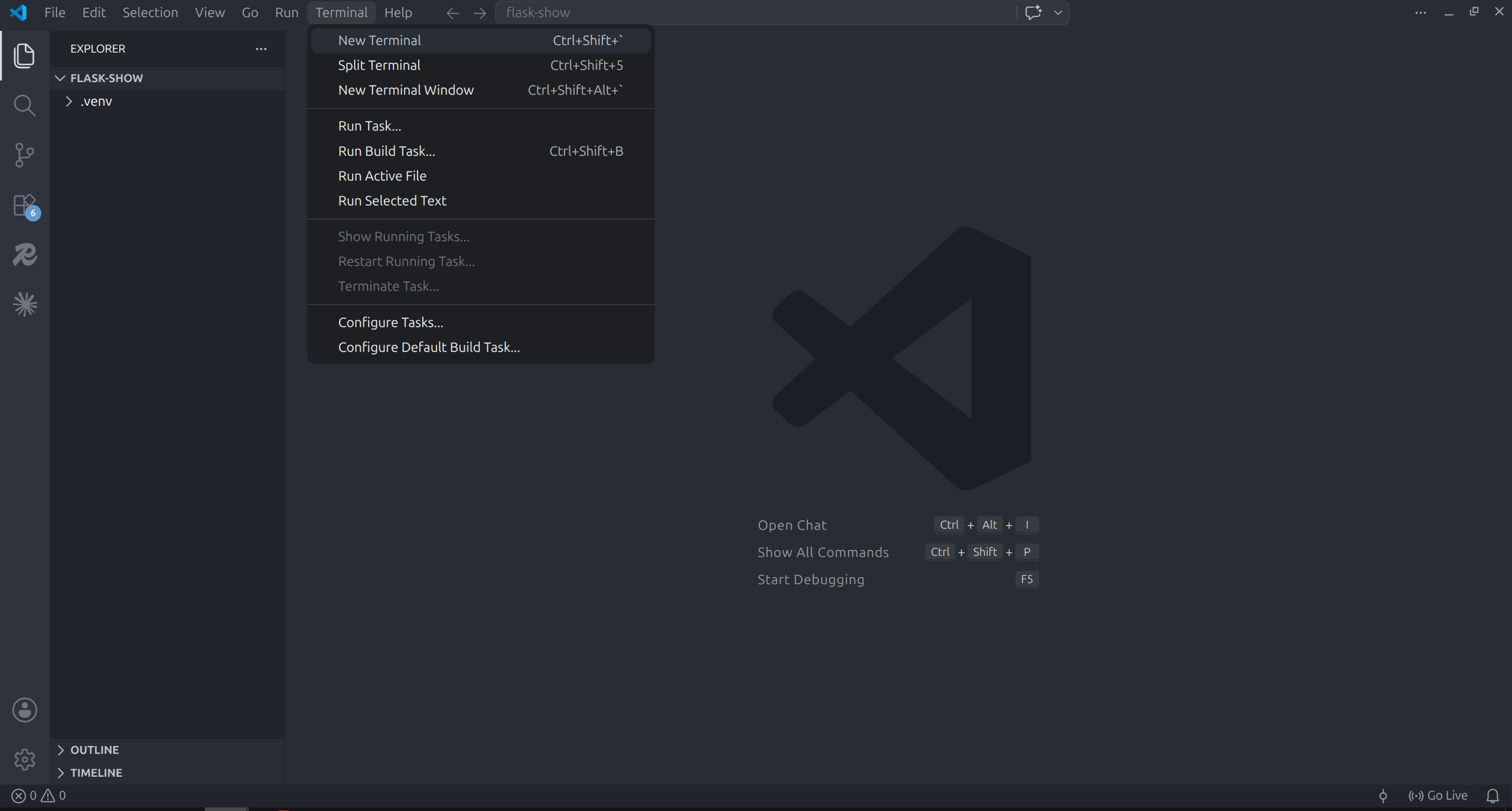 Terminal menu showing New Terminal option