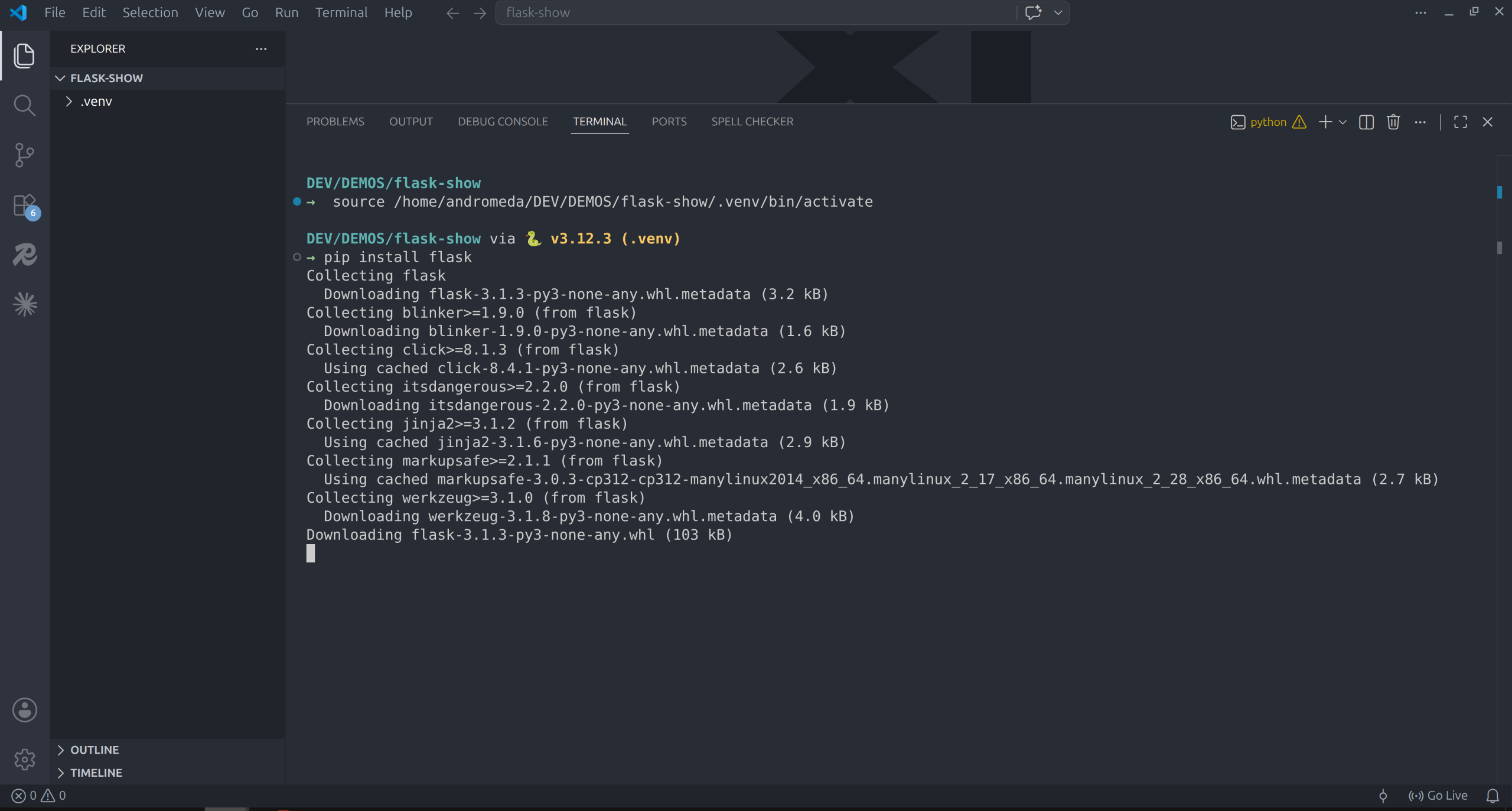 pip install flask running in the terminal